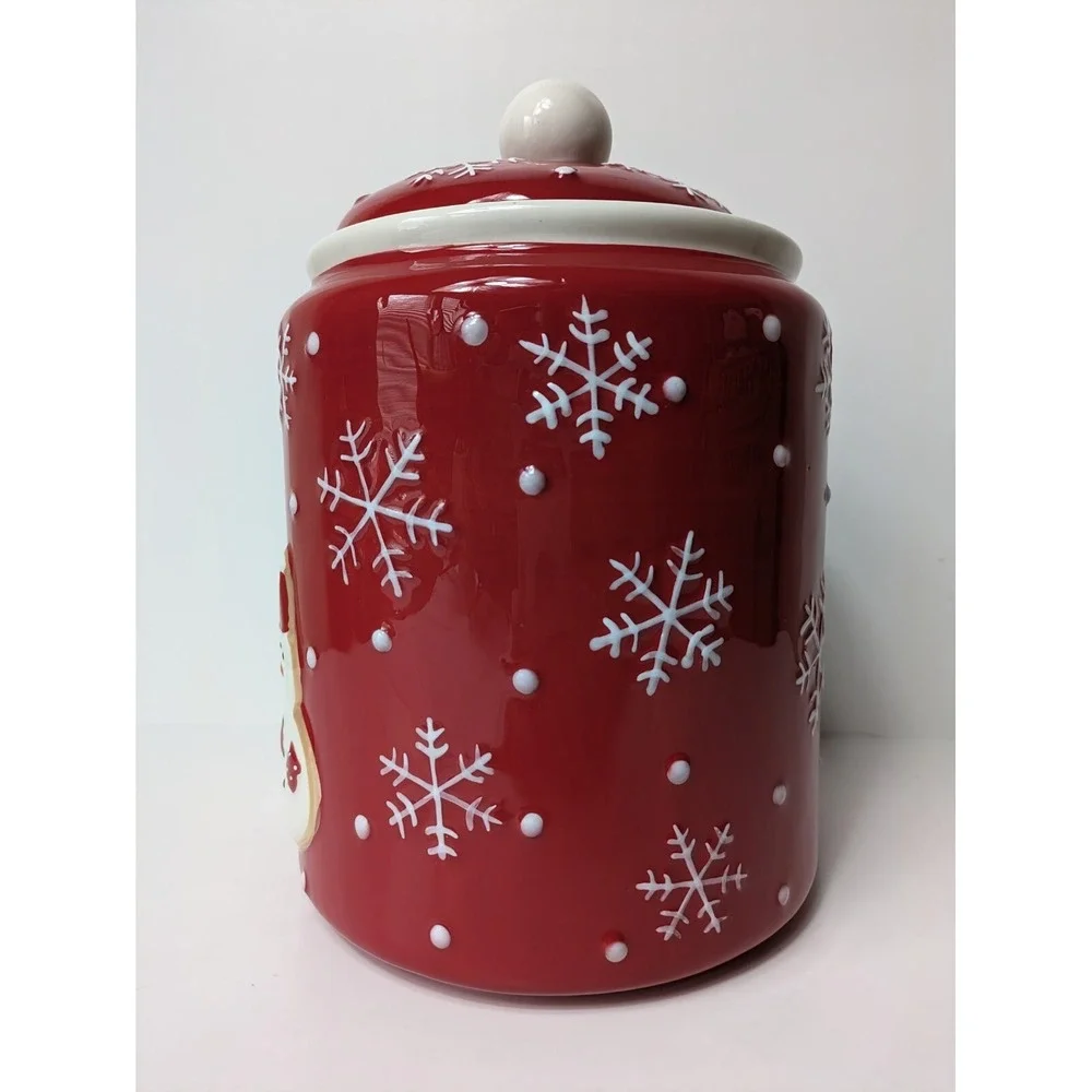 Hallmark Christmas Red Cookie Jar Canister 3 Snowmen Snowflakes 9